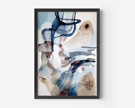 Close-up of blue and white abstract watercolor wall art in a black frame
