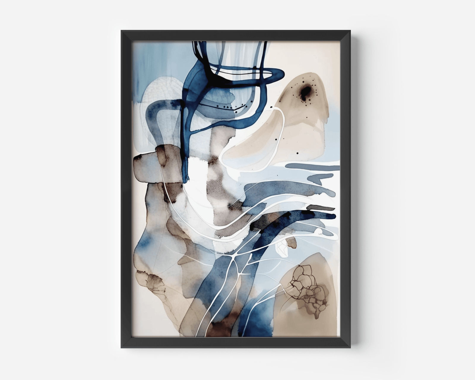 Close-up of blue and white abstract watercolor wall art in a black frame