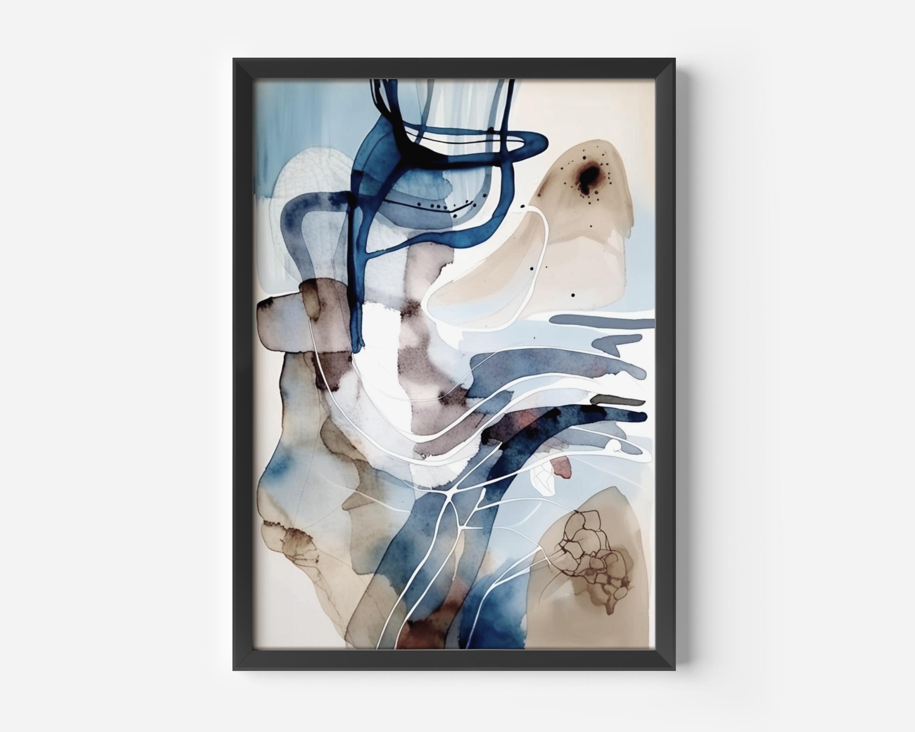 Close-up of blue and white abstract watercolor wall art in a black frame