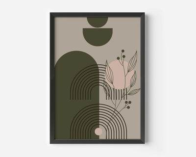 Abstract botanical wall art print in a black frame, olive green arches with blush pink and line-art leaves