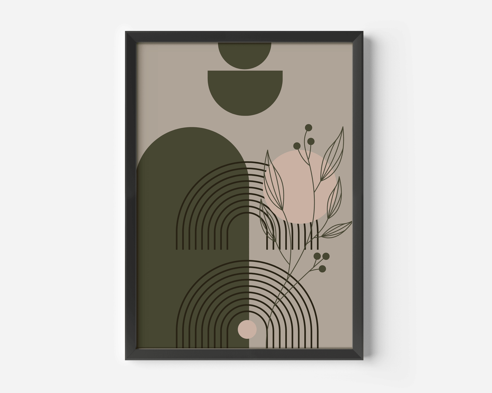 Abstract botanical wall art print in a black frame, olive green arches with blush pink and line-art leaves