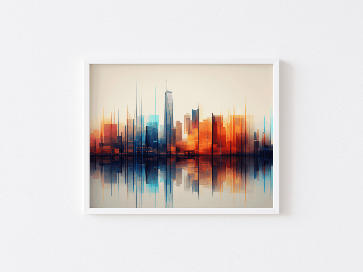 White framed abstract cityscape art of a colorful skyline reflection