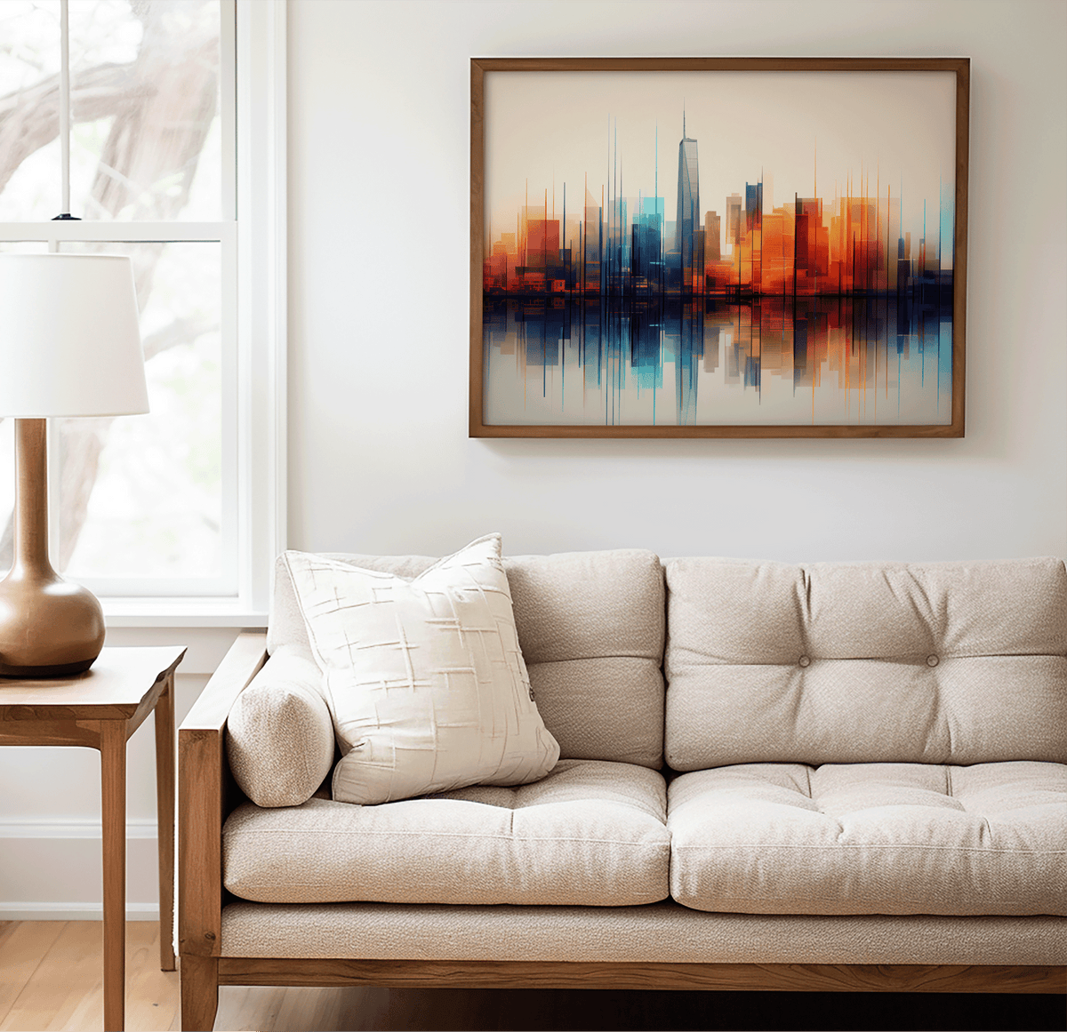 Abstract cityscape art in natural frame beside a side table and above a couch in a minimal living room