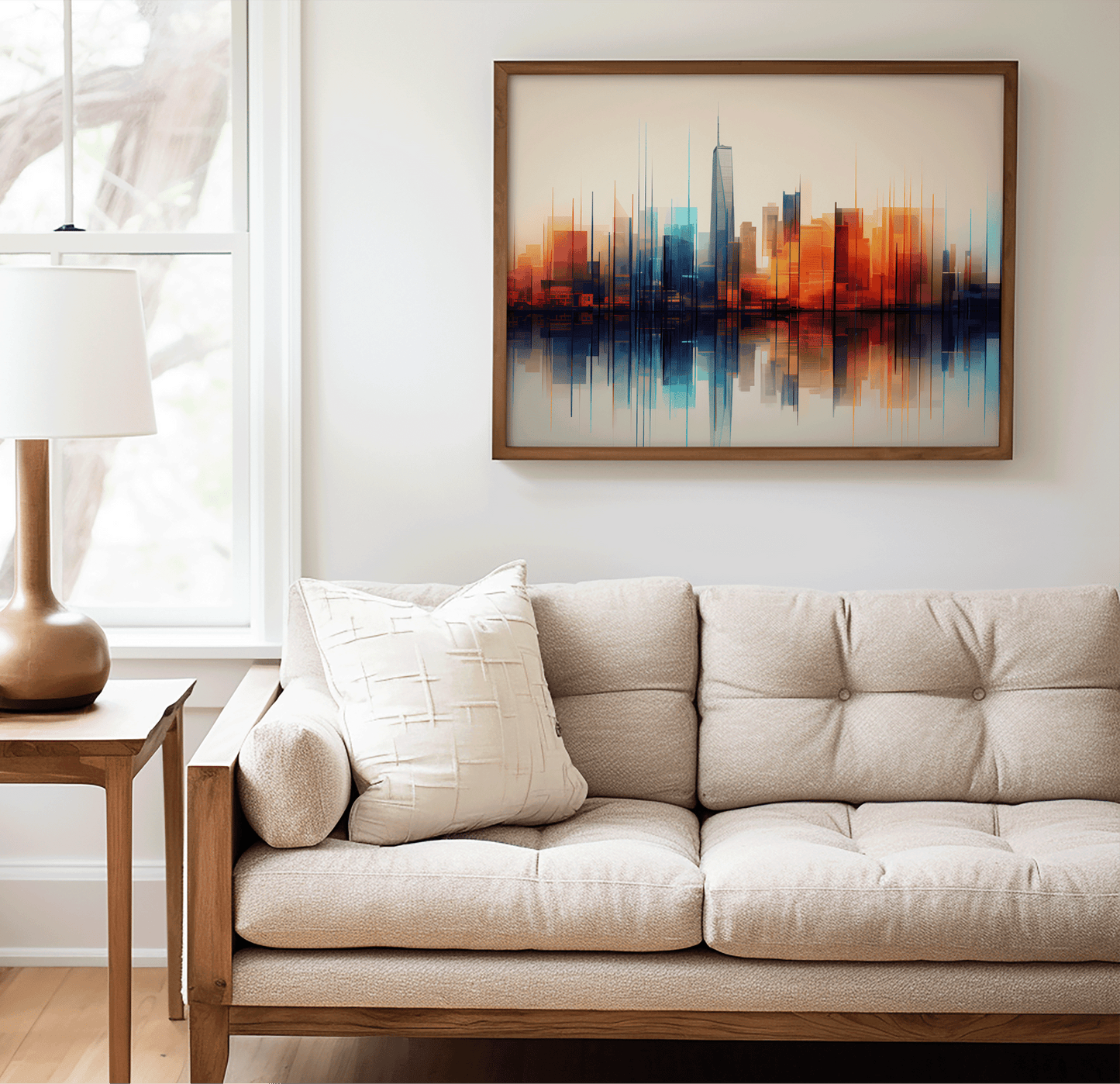Abstract cityscape art in natural frame beside a side table and above a couch in a minimal living room