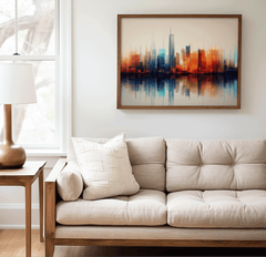 Abstract cityscape art in natural frame beside a side table and above a couch in a minimal living room