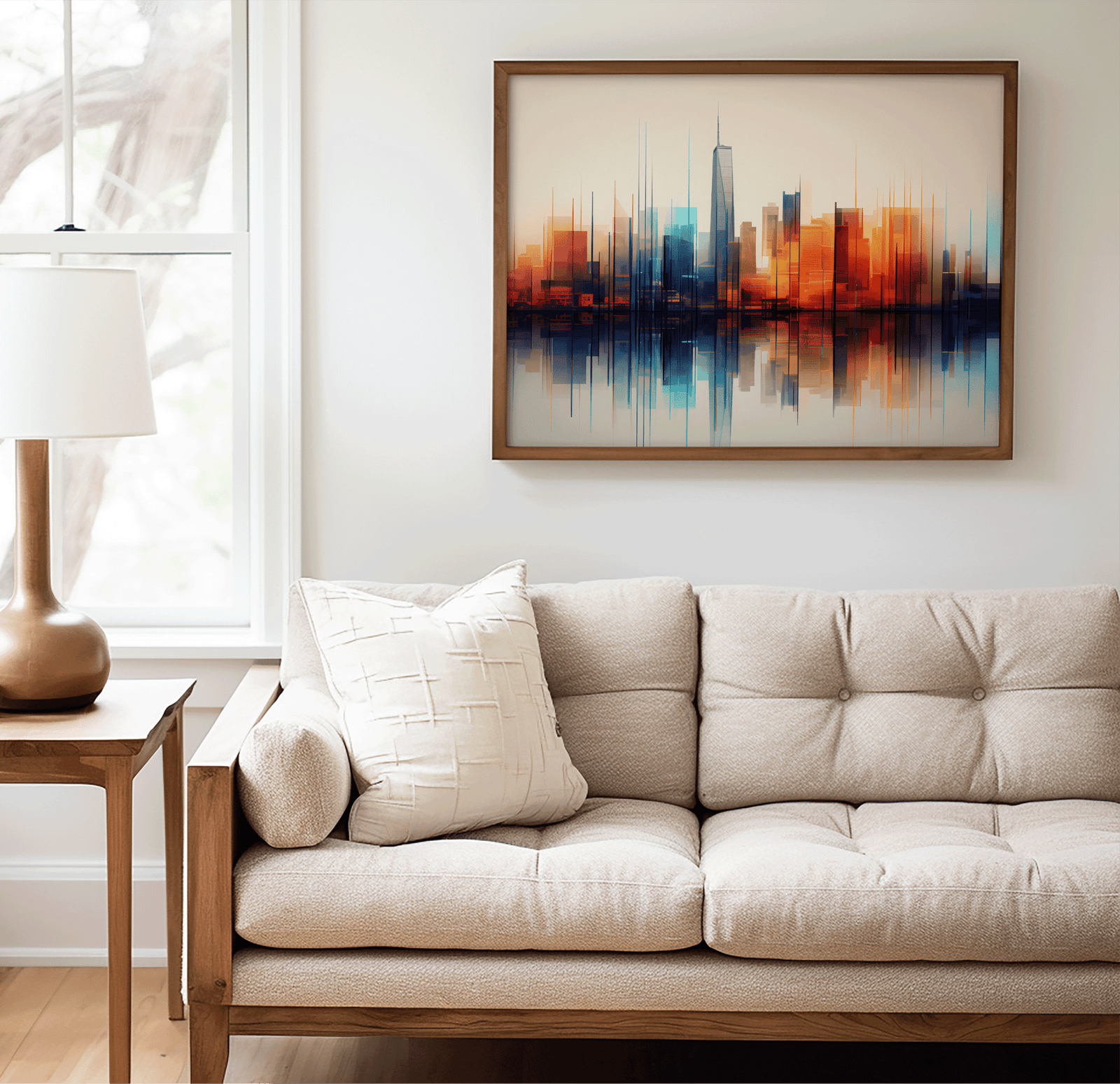 Abstract cityscape art in natural frame beside a side table and above a couch in a minimal living room
