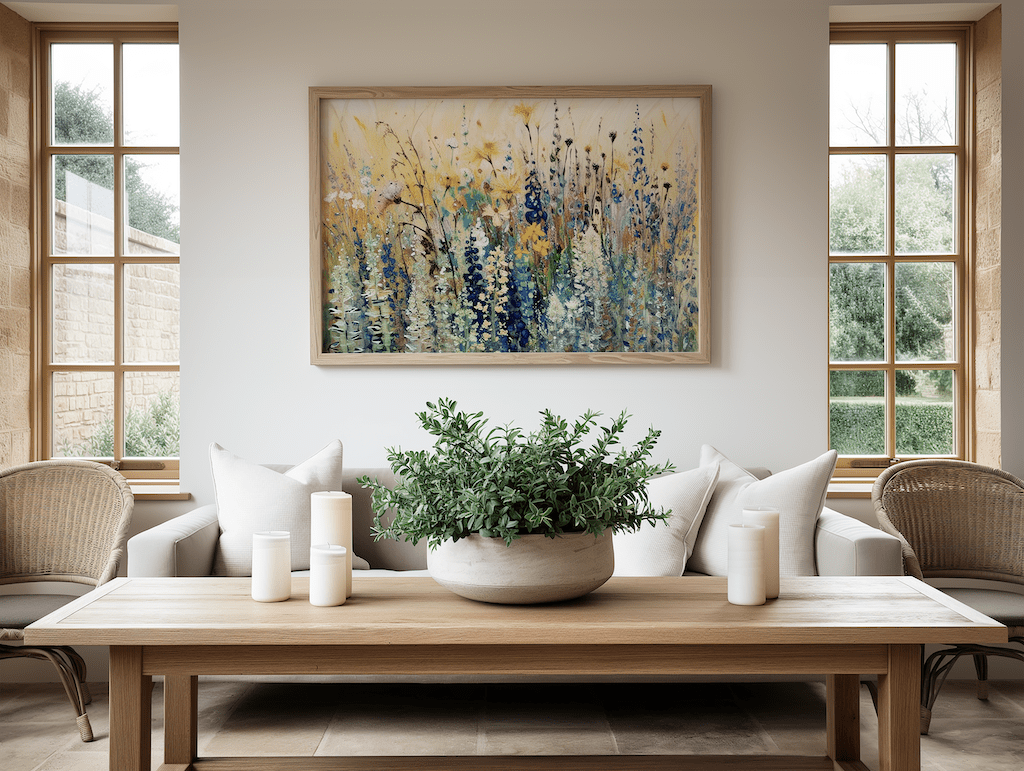 Living room with a wooden coffee table, potted plant, and abstract wildflower framed canvas wall art over the couch.