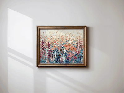 Close-up of abstract impressionist floral wall art showing painterly texture details