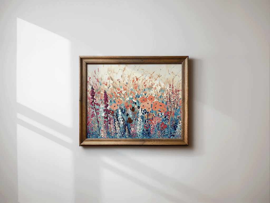 Close-up of abstract impressionist floral wall art showing painterly texture details
