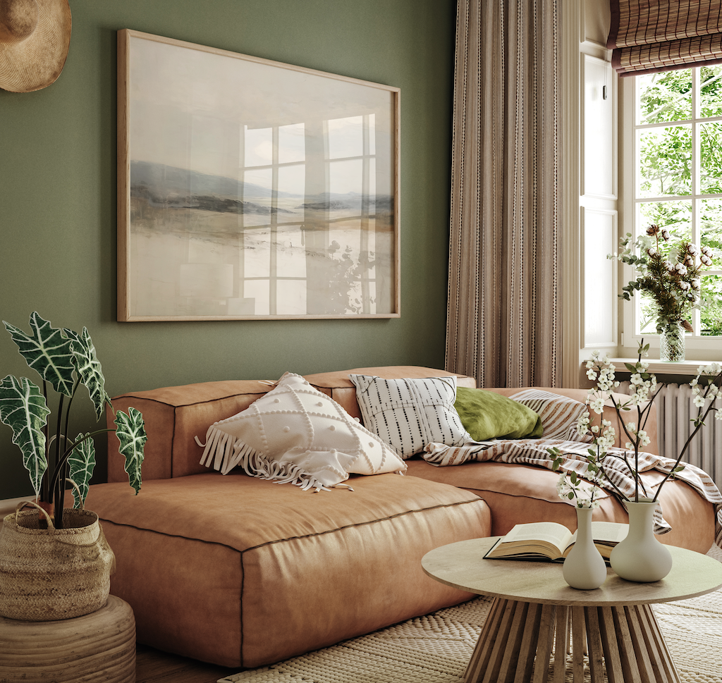 Abstract Landscape Wall Art in Neutral Beige and Blue Above Tan Sofa in Green Living Room