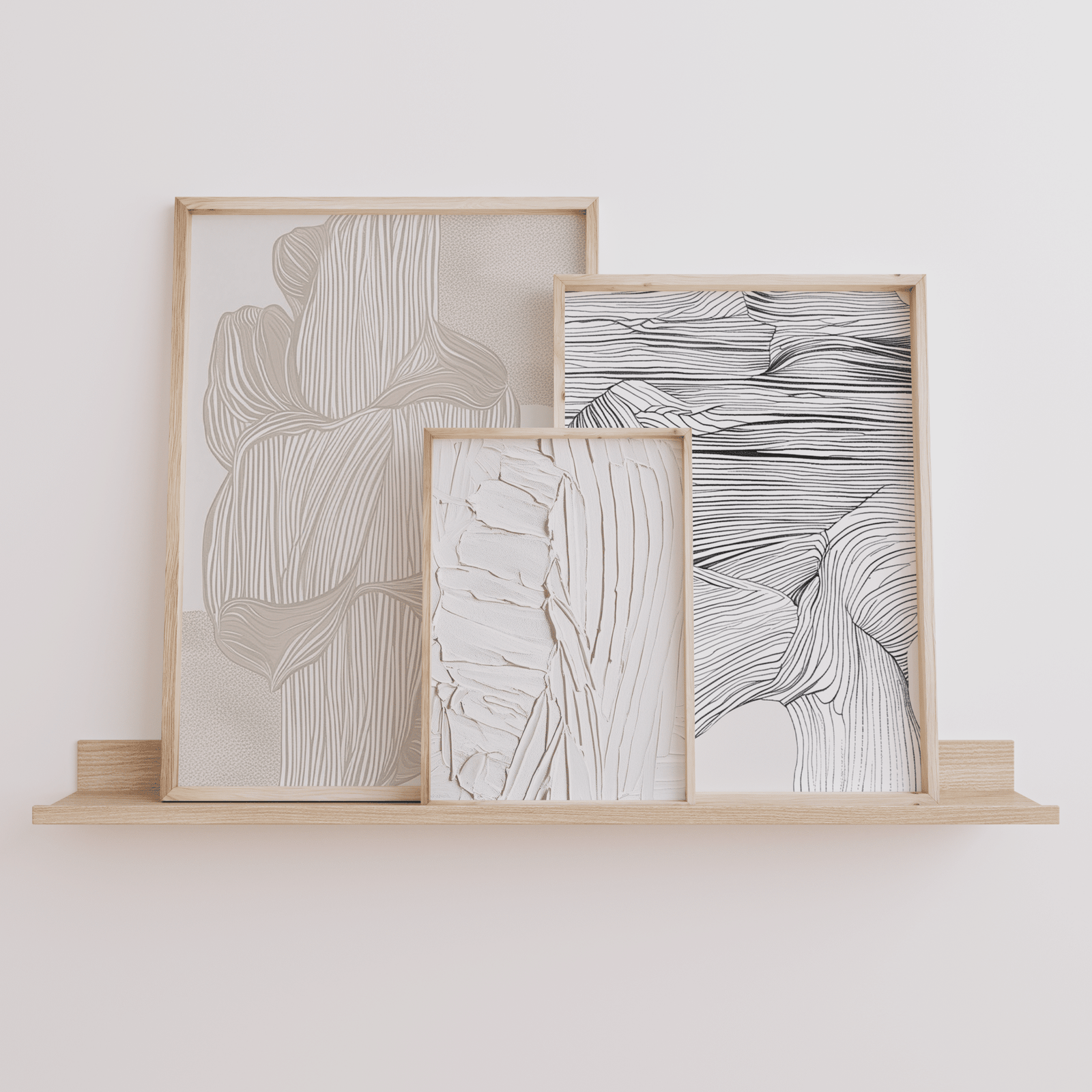Set of 3 modern minimalist abstract line art prints in black and white, each featuring flowing linear contours mounted in wood frames, ideal gallery wall set for living room, bedroom or office décor