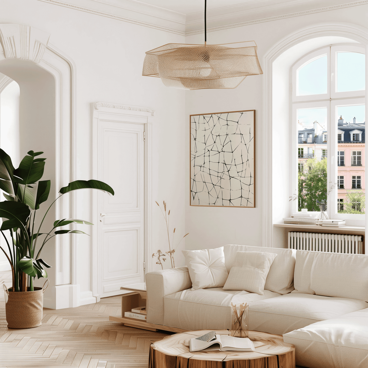 Abstract line grid wall art in black on beige with light wood frame displayed in an airy living room with arched window, indoor plant, and cream sofa