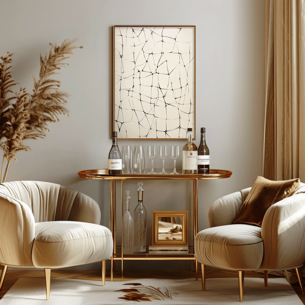 Abstract line grid wall art in black on beige with gold frame styled above a brass bar cart with glassware between two neutral lounge chairs