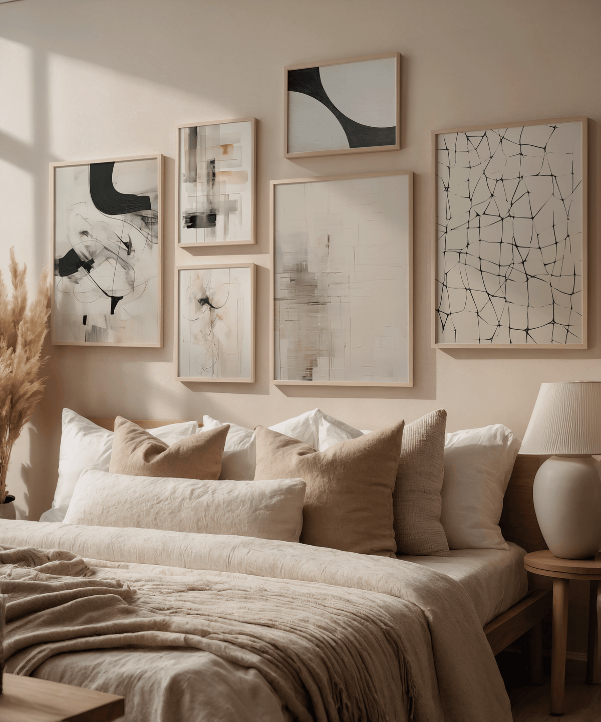 Minimalist gallery wall featuring abstract line grid wall art in black on beige above a neutral bed with layered beige pillows, linen duvet, and pampas grass