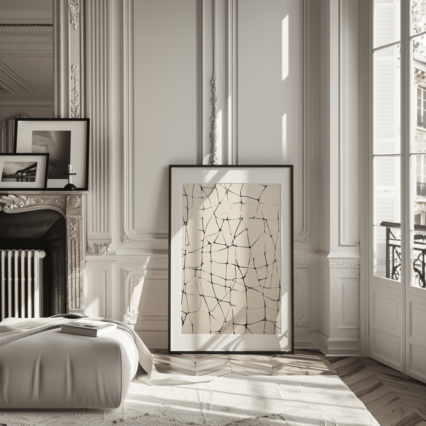 Large abstract line grid wall art in black on beige leaning on the floor in a classic Parisian-style room with fireplace, tall windows, and decorative molding