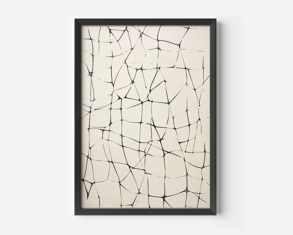 Close-up product image of abstract line grid wall art in black on beige showing matte black frame, cream background, and hand-drawn line texture