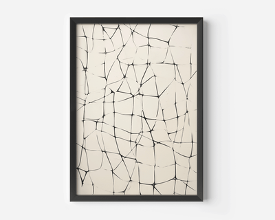 Close-up product image of abstract line grid wall art in black on beige showing matte black frame, cream background, and hand-drawn line texture
