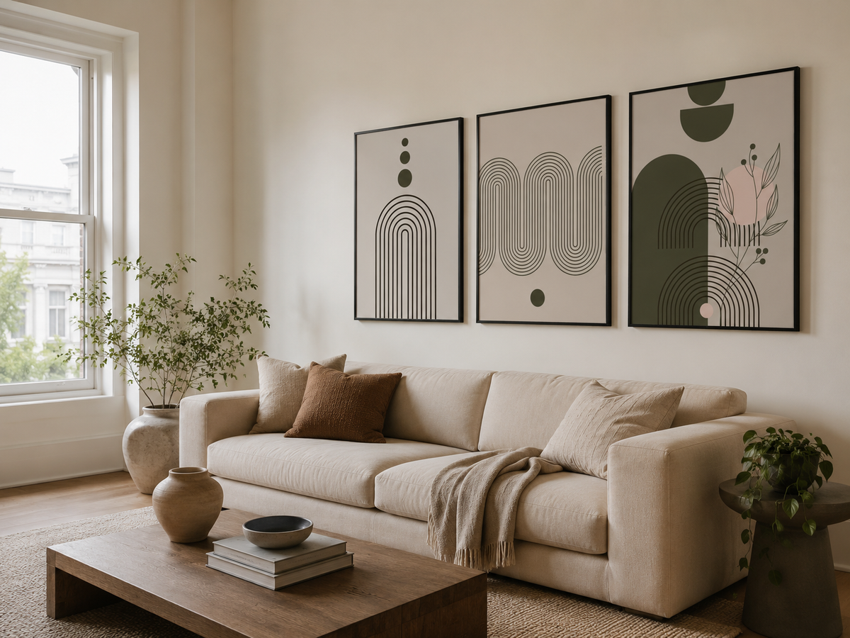 Mid-century modern abstract print with stacked circles and an arch in a black frame, above a linen sofa