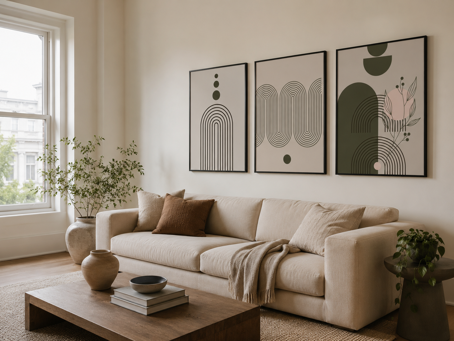 Mid-century modern abstract print with stacked circles and an arch in a black frame, above a linen sofa
