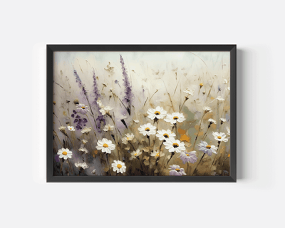 Close-up of white daisies and purple lavender wildflowers and a black frame abstract canvas wall art print on a white wall.