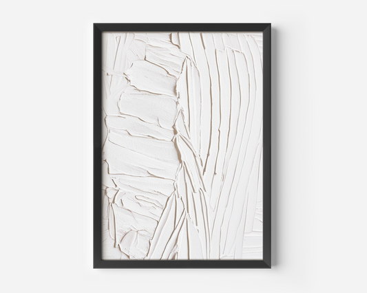 Close-up of framed abstract wall art print with faux white textured paint effect