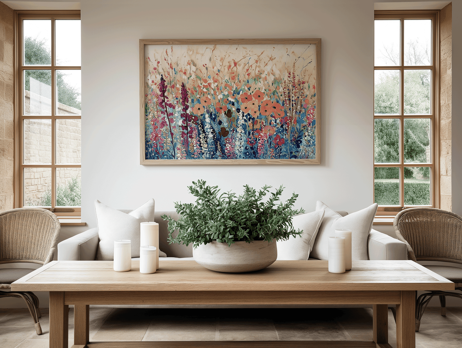 Abstract wildflower meadow wall art print styled in a neutral boho living room