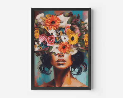 Abstract woman with colorful flower crown wall art print in a sleek black frame on white background, modern canvas decor.