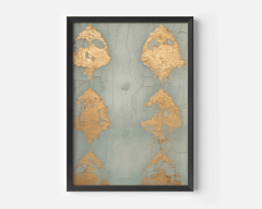 Black-framed blue and gold print with gold foil-look patterns on an aged blue grey background