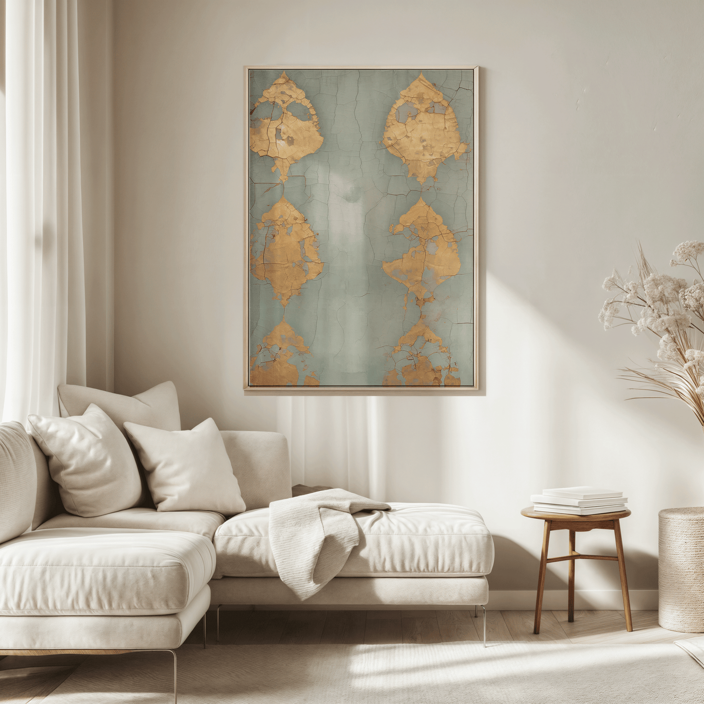 Living room with a beige sofa, decorative pillows, and a large blue and gold abstract wall art with light wood frame on the wall.