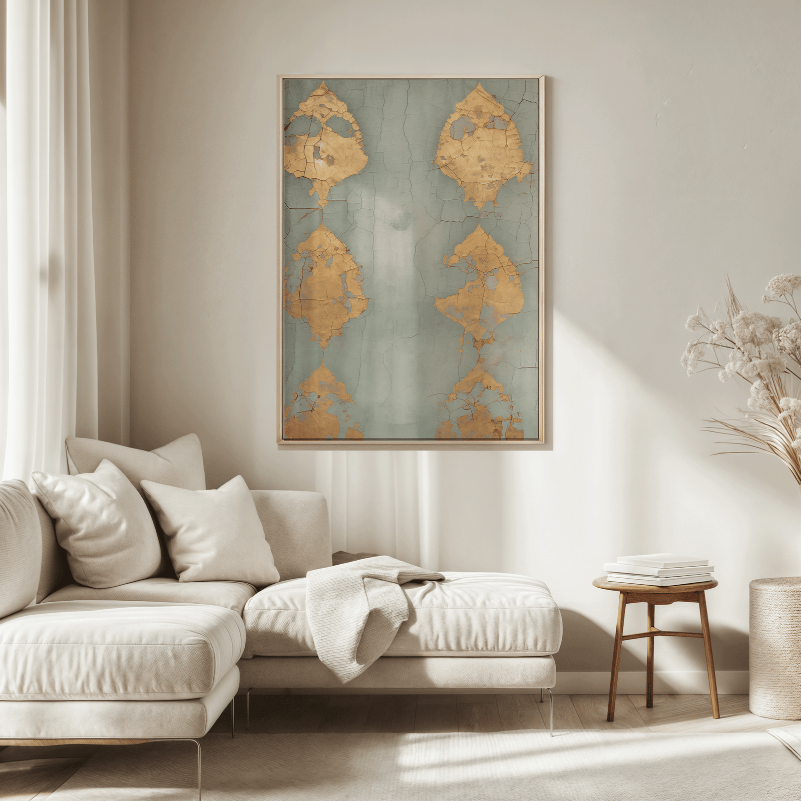 Living room with a beige sofa, decorative pillows, and a large blue and gold abstract wall art with light wood frame on the wall.