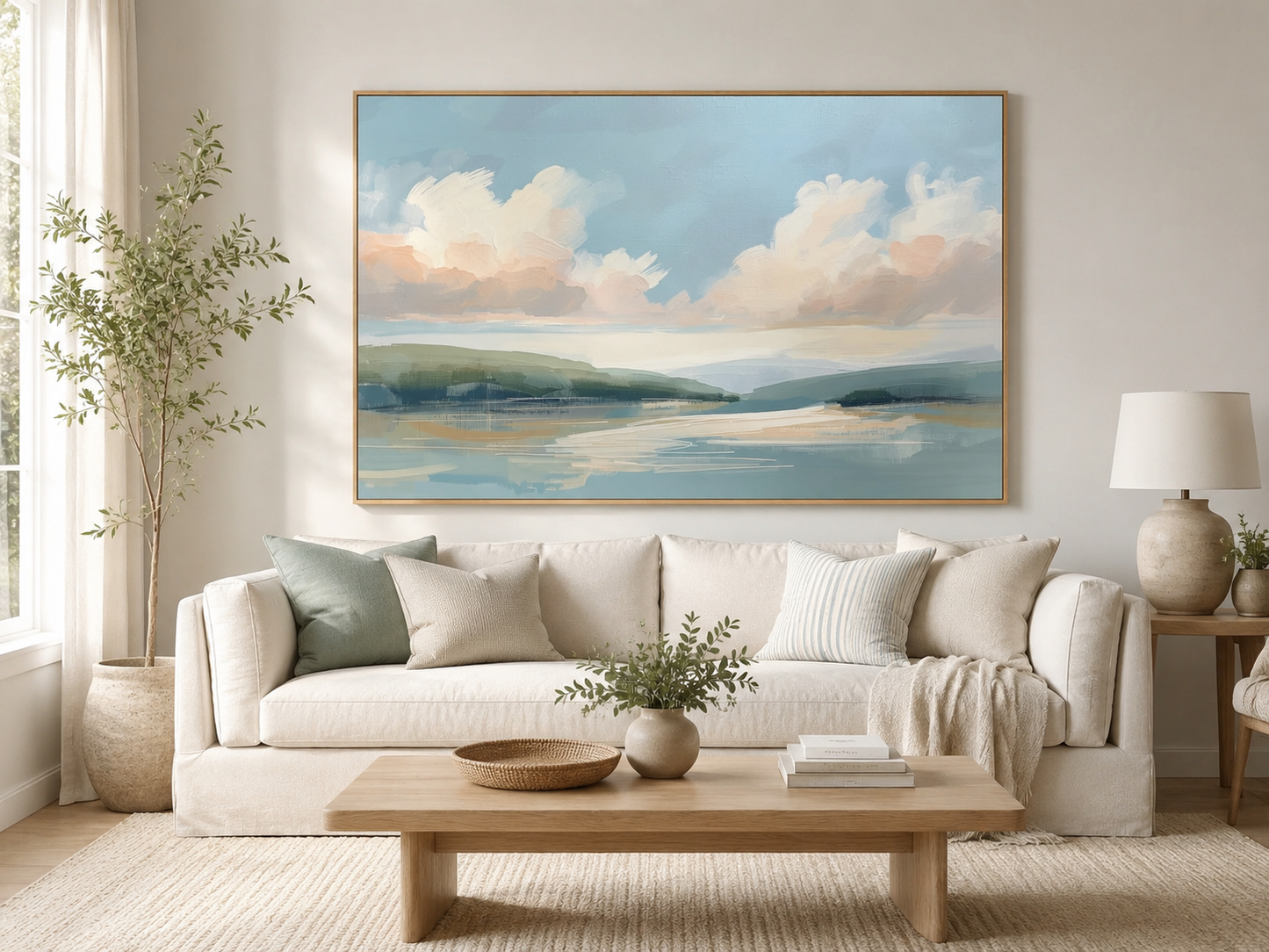 Large framed pastel landscape wall art above a neutral linen sofa in an airy coastal living room with soft blue, cream, sage and peach tones.