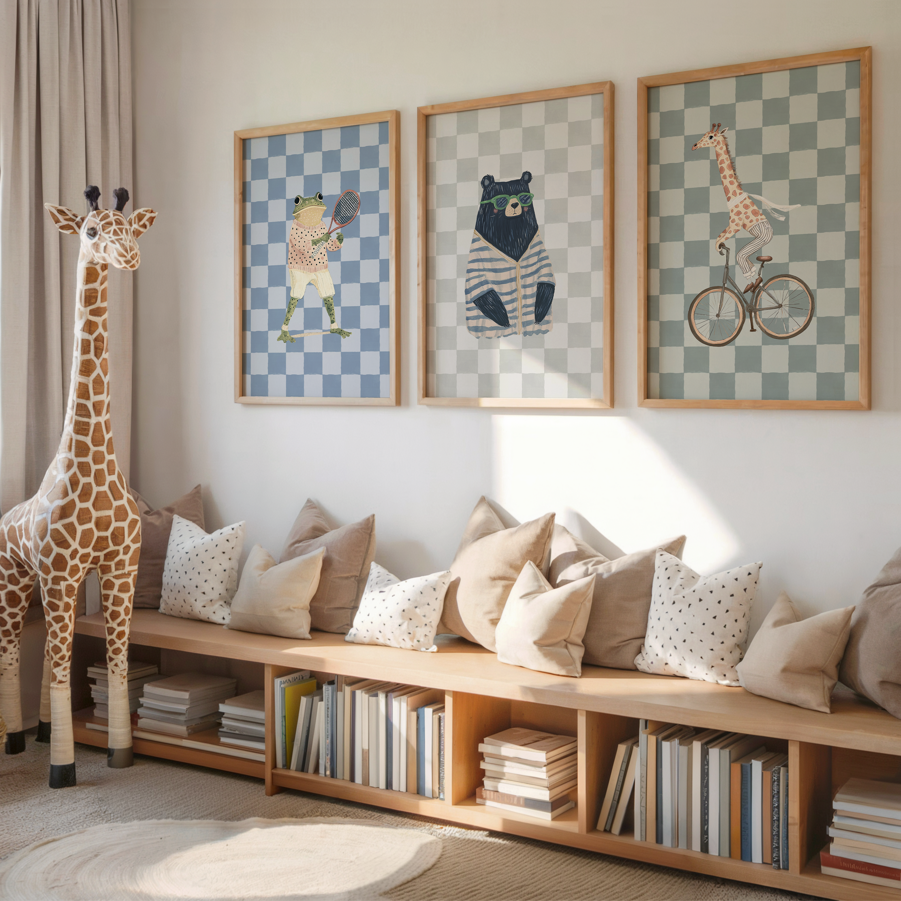 Set of 3 large framed wall art prints for a nursery or kids bedroom with animals and checkered backgrounds