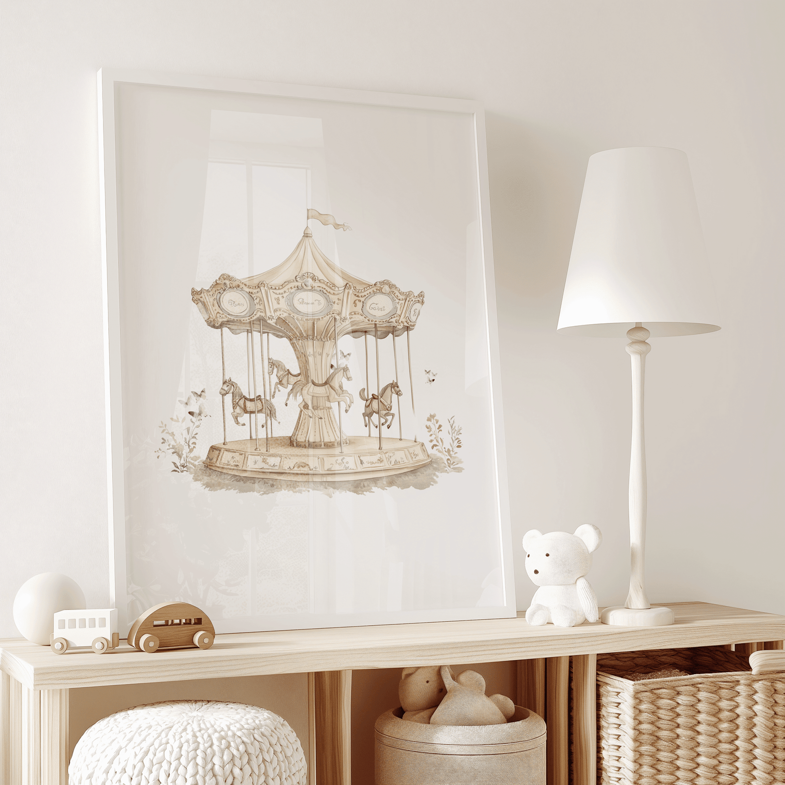Soft pastel horses on a vintage carousel wall art design with a white frame on a wooden shelf in a playroom with a white lamp, plush toys and wicker baskets