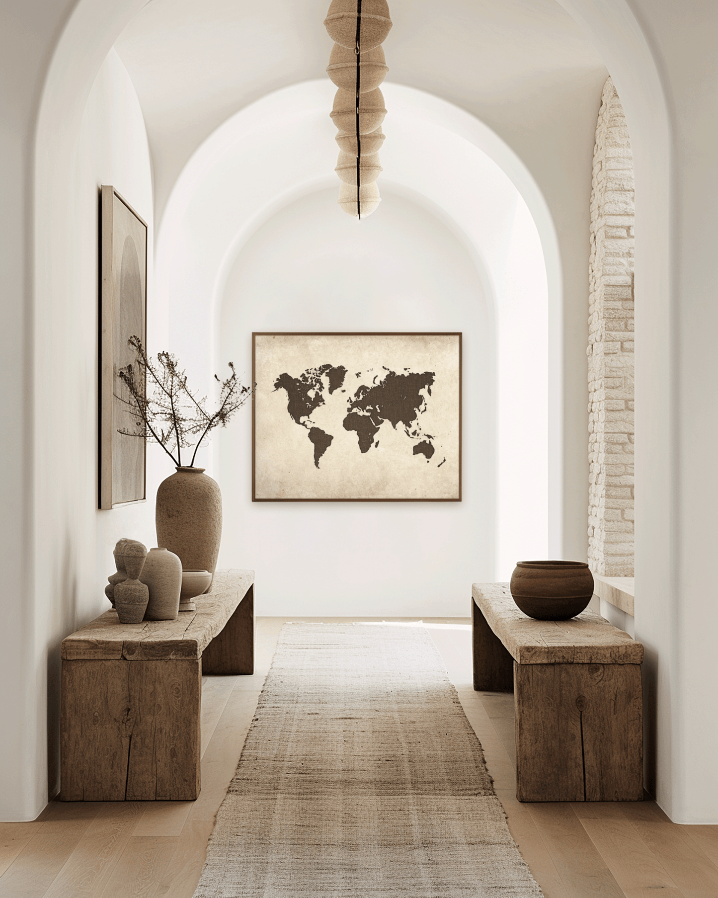 Antique-style vintage world map wall art framed in a hallway with wooden accents and arched ceilings
