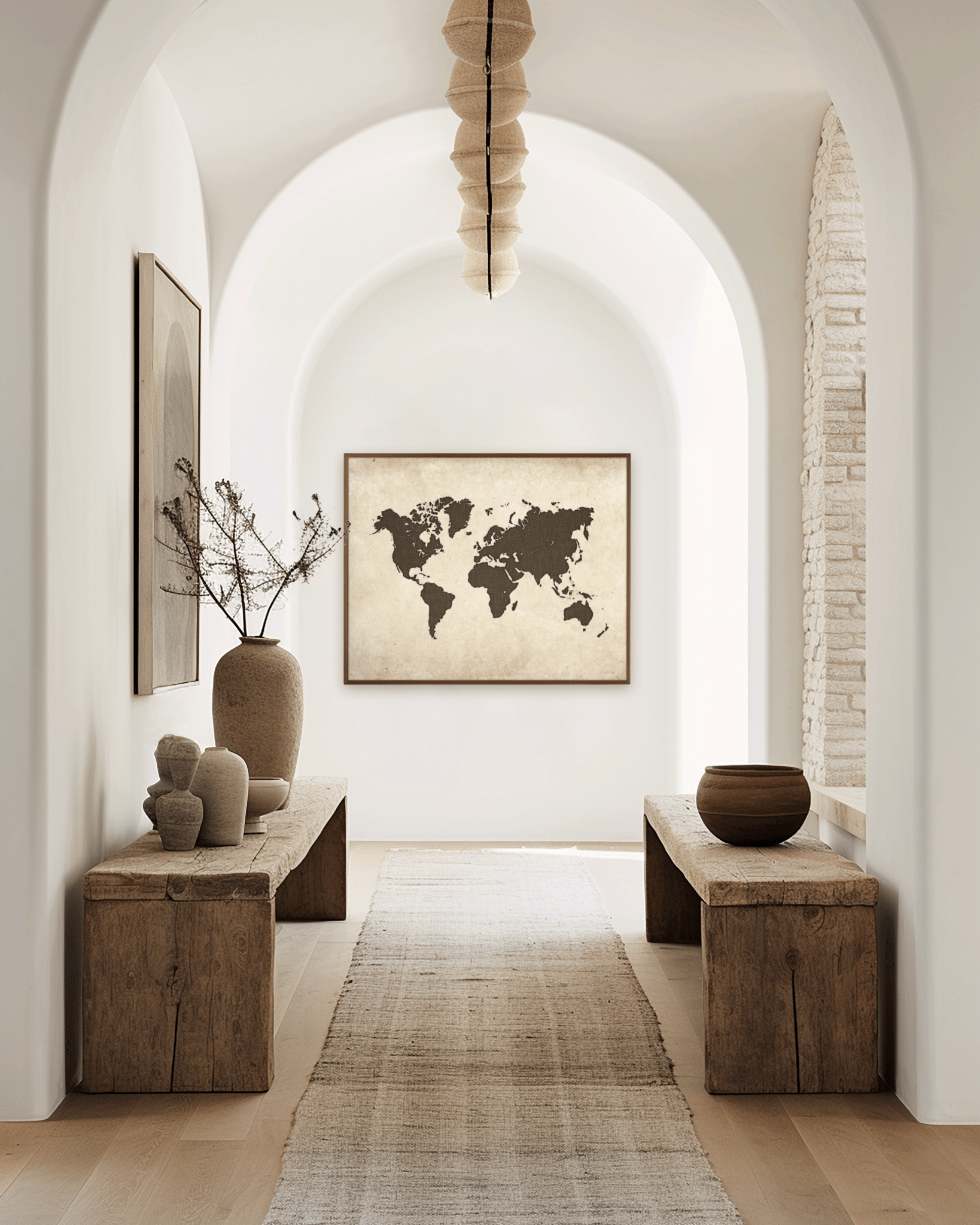 Antique-style vintage world map wall art framed in a hallway with wooden accents and arched ceilings