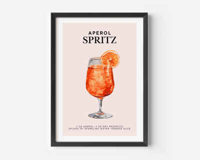 Aperol spritz print with the cocktail recipe on a blush pink background in a black frame