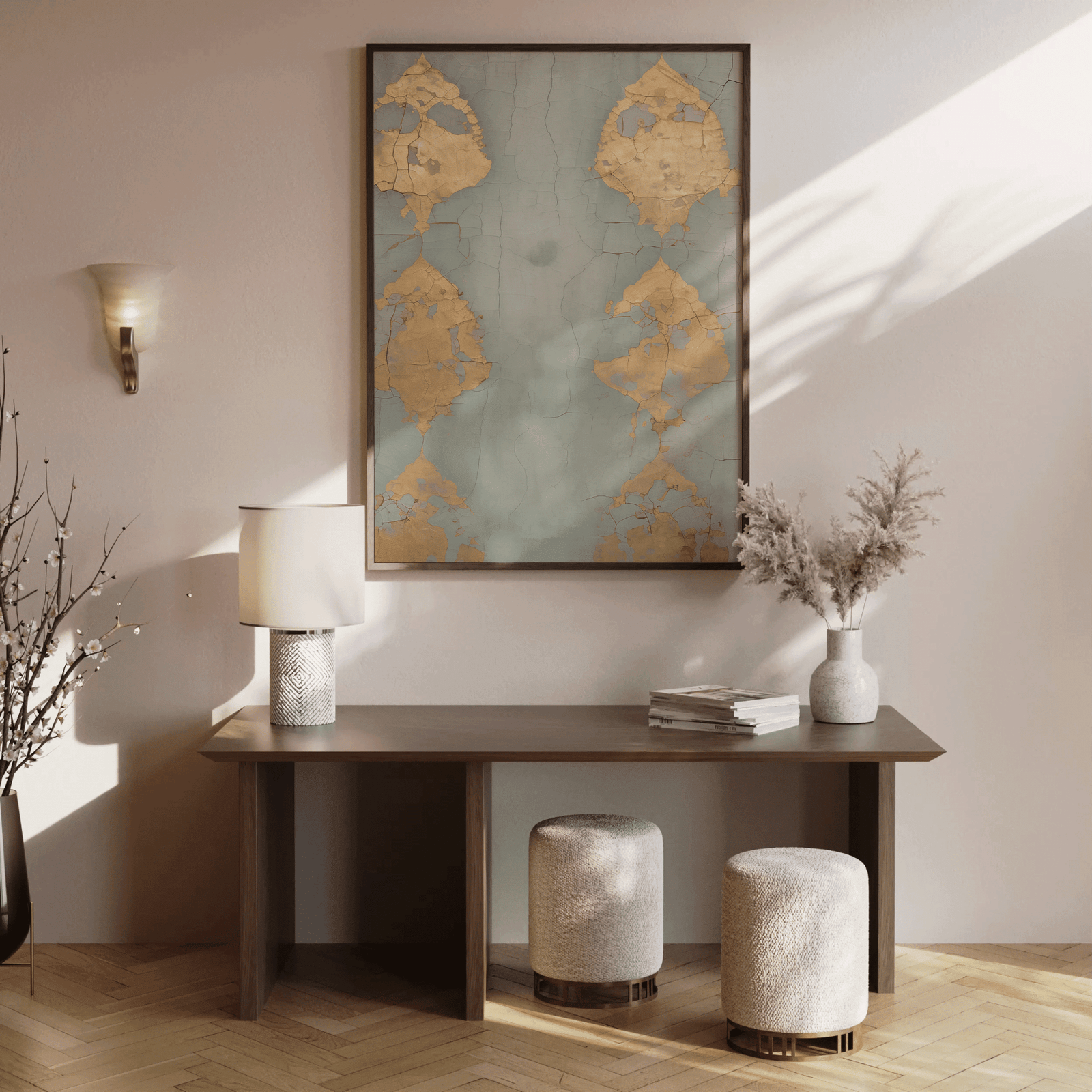 Modern interior with a wooden console table, decorative stools, and aqua blue and gold foil-patterned abstract framed wall art.