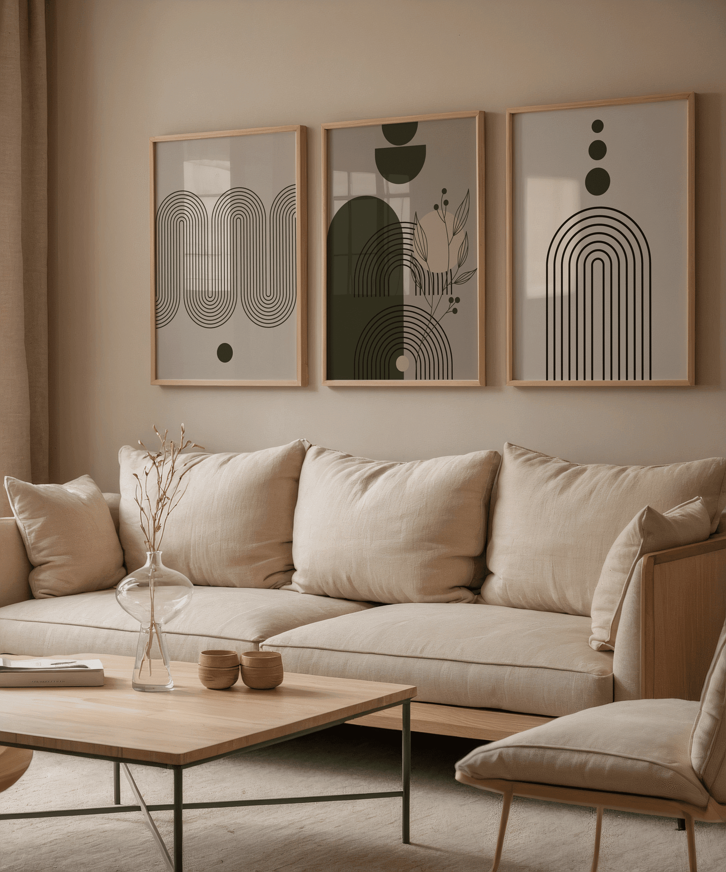 Trio of arch, botanical, and wave abstract prints in wood frames above a linen sofa