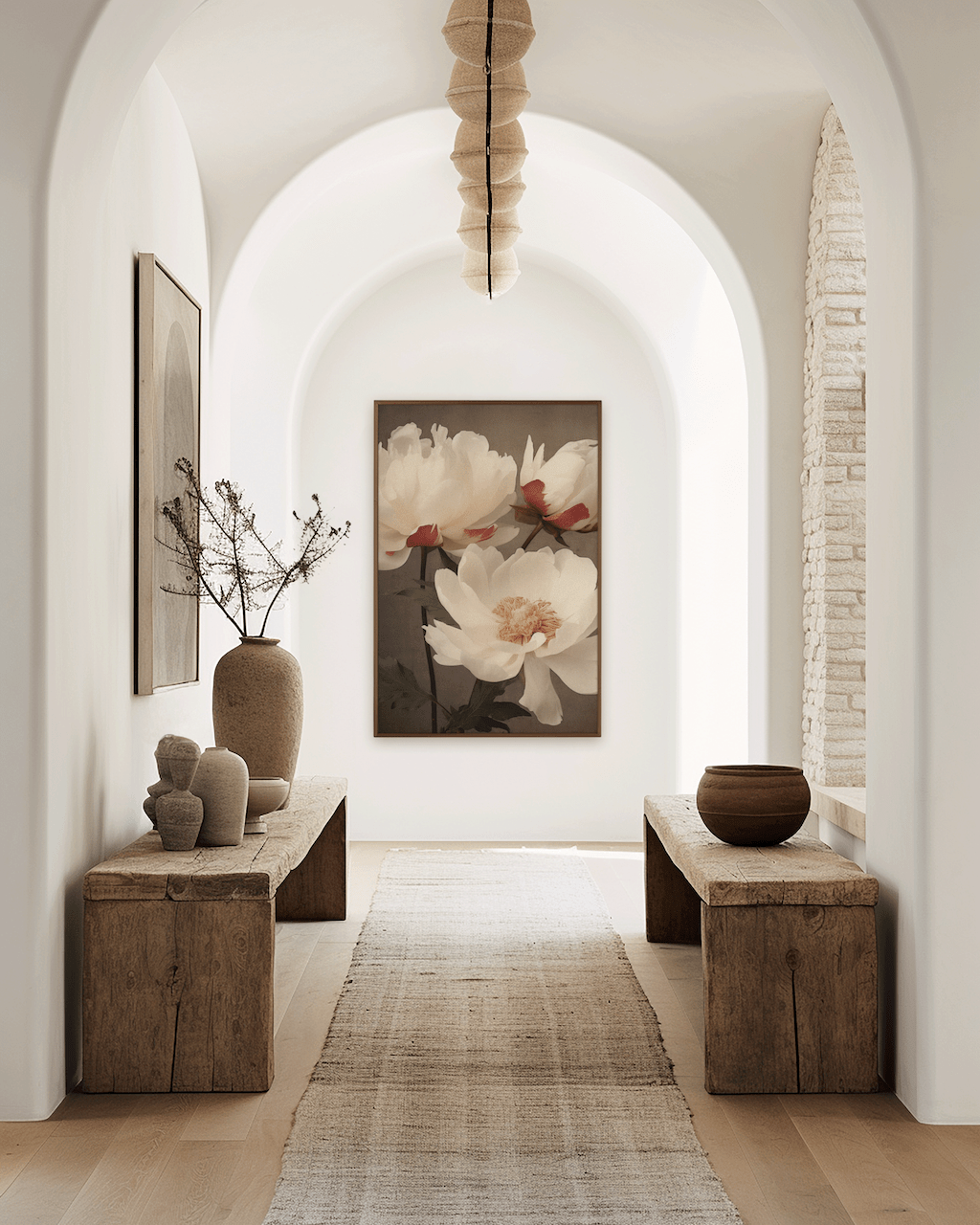 Large oversized white floral framed canvas wall art in rustic modern arched hallway with brown wooden accents in minimal home