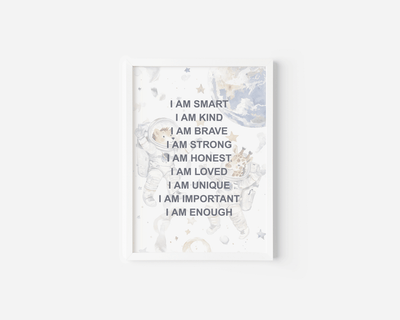 Astronaut affirmations print for kids with I am statements and watercolour astronauts in a white frame