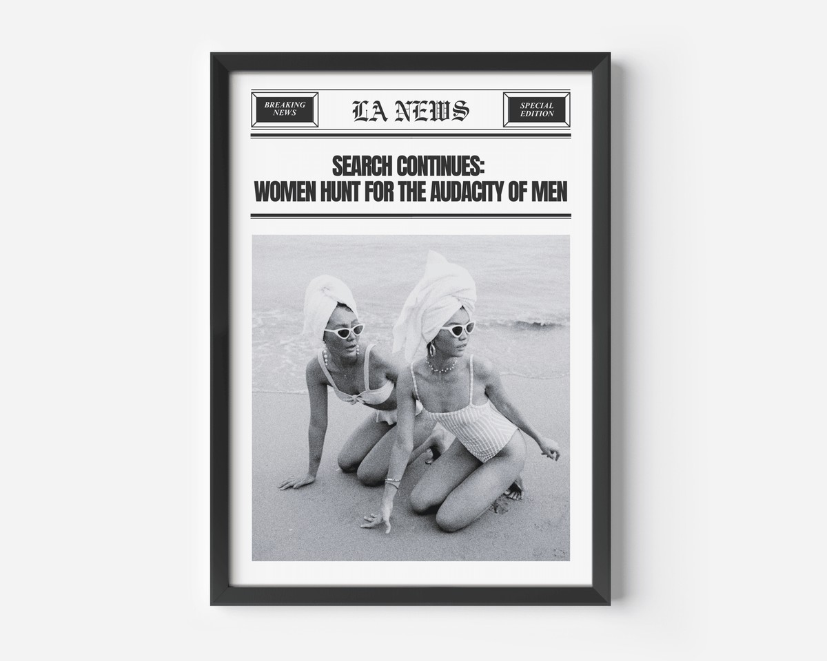 Audacity of men vintage newspaper print with two women in swimsuits on the beach in a black frame