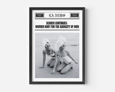 Audacity of men vintage newspaper print with two women in swimsuits on the beach in a black frame