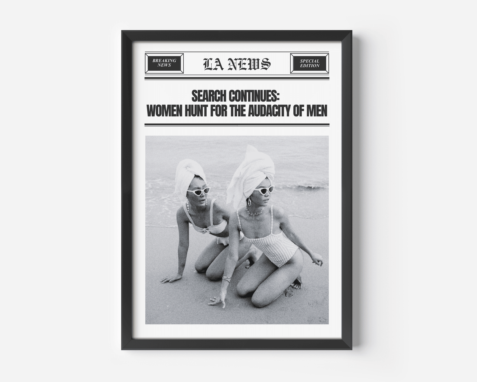 Audacity of men vintage newspaper print with two women in swimsuits on the beach in a black frame