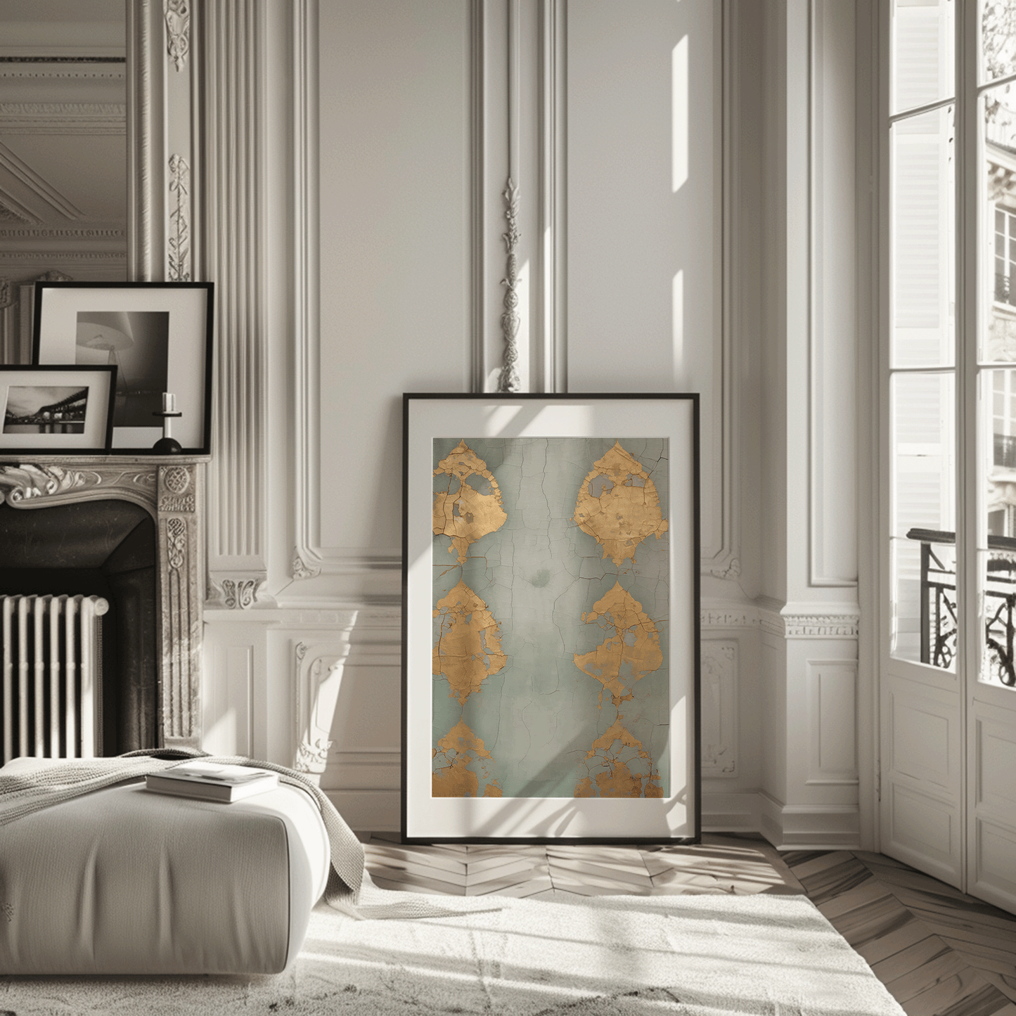Framed blue and gold abstract black-framed wall art on a wall in a modern living room with contemporary decor