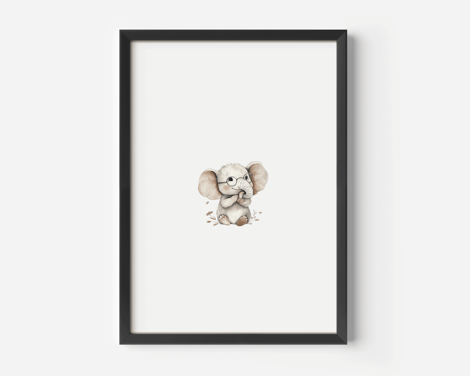 Minimalist baby elephant wall art in black frame on white wall, neutral modern nursery design.