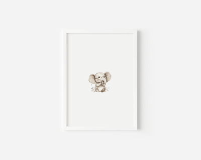 Neutral baby elephant watercolor wall art print with a white wooden frame, glasses, framed in white for woodland nursery decor.