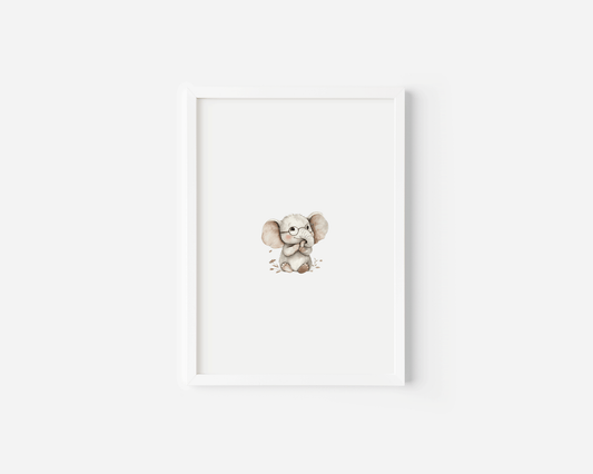 Neutral baby elephant watercolor wall art print with a white wooden frame, glasses, framed in white for woodland nursery decor.