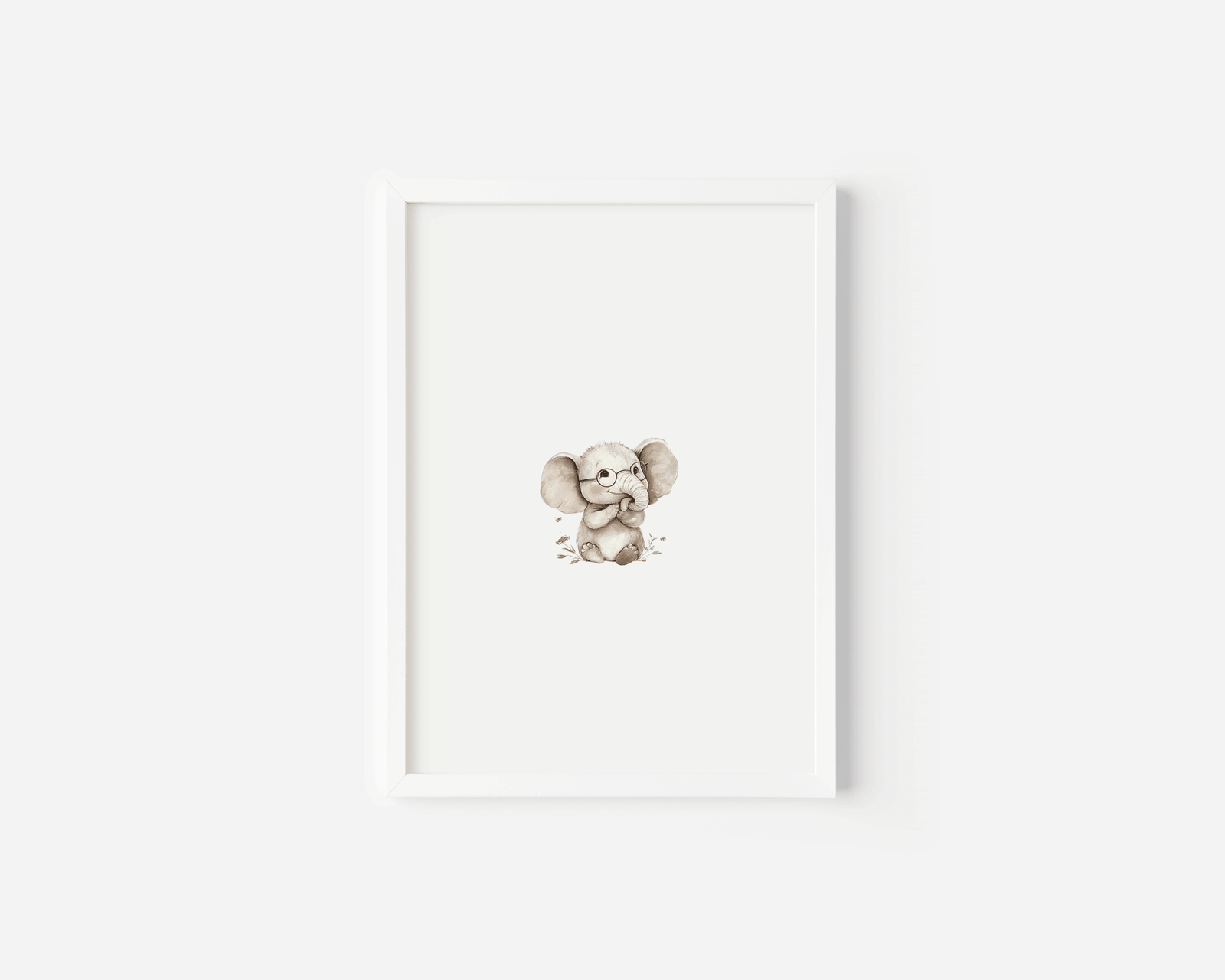 Neutral baby elephant watercolor wall art print with a white wooden frame, glasses, framed in white for woodland nursery decor.