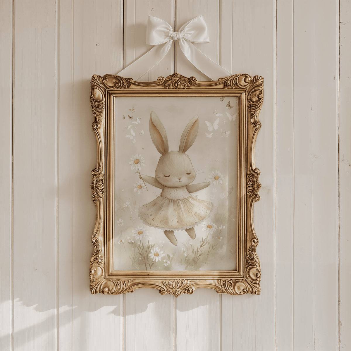 Ballerina bunny nursery print in an ornate gold frame hung with a white ribbon bow on a cream panelled wall