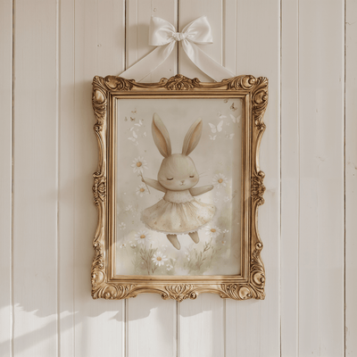 Ballerina bunny nursery print in an ornate gold frame hung with a white ribbon bow on a cream panelled wall